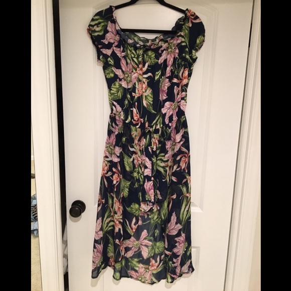 Off the Shoulder Navy Floral Romper with Skirt - Picture 2 of 5